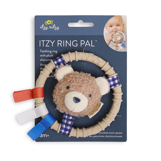 Itzy Ritzy Itzy Ring Pal teething ring with plush bear character on packaging