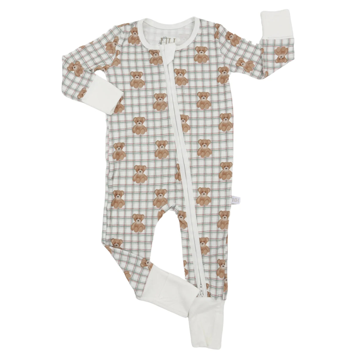 A baby long-sleeve footed sleeper with a white and light green plaid pattern, featuring a repeating brown owl print and solid white cuffs and footings, laid flat on a white background.