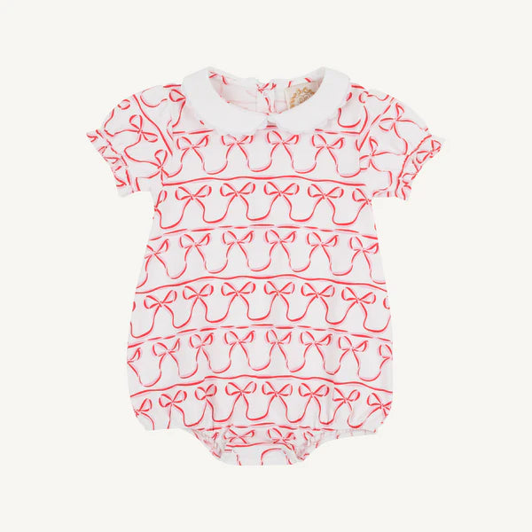 White bubble with red and pink bow print with white collar