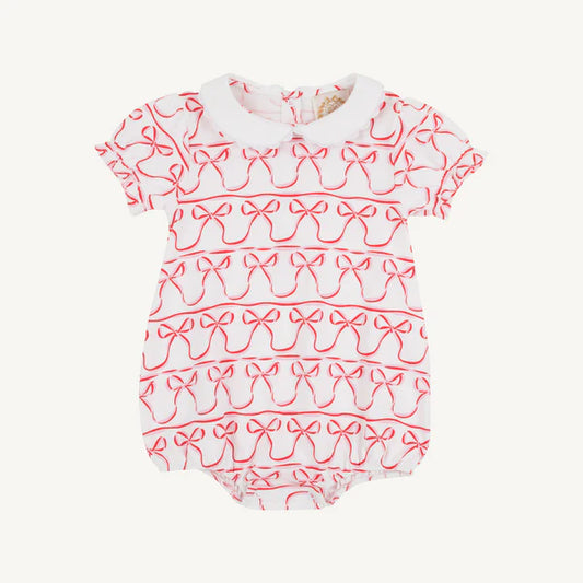 White bubble with red and pink bow print with white collar