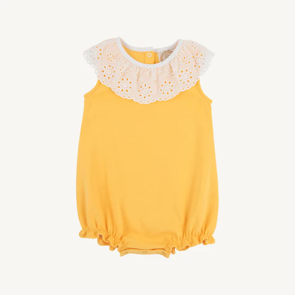 Yellow baby romper with lace collar on a white background