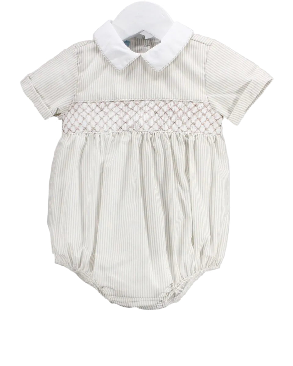 Baby tan striped smocked bubblewith white collar.