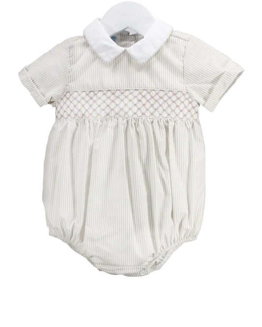 Baby tan striped smocked bubblewith white collar.