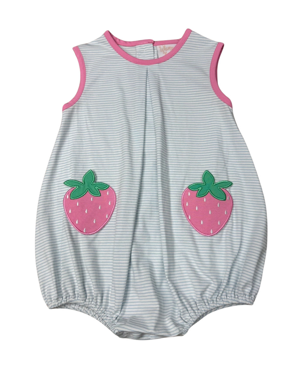 blue and white striped baby bubble with pink strawberry appliqués pockets 