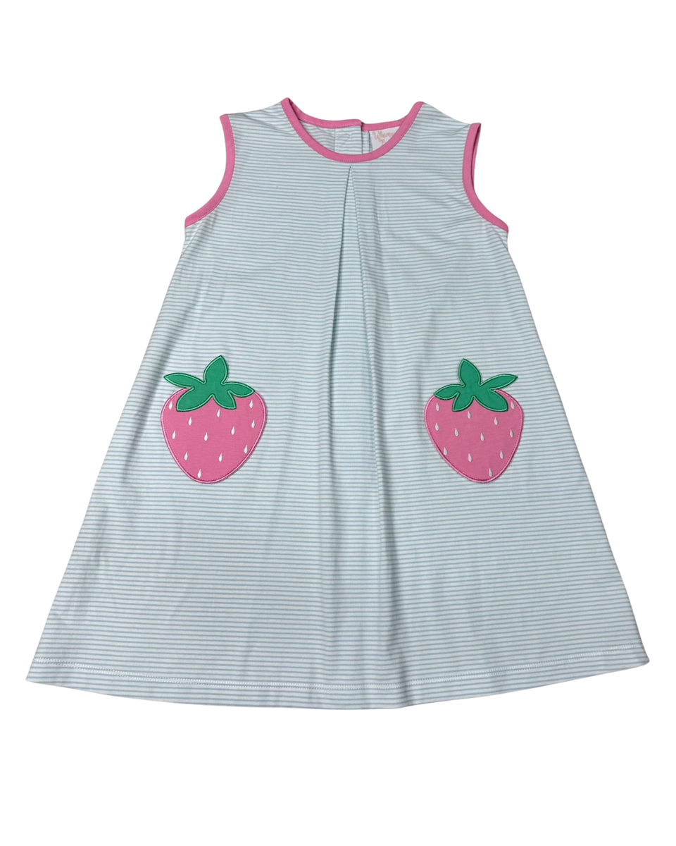 Blue and white striped dress with pink strawberry applique pockets