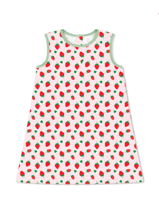 pink dress with strawberry pattern and green and white check trim 