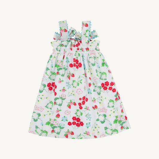 White dress with strawberry vine dress with bows that tie on the straps
