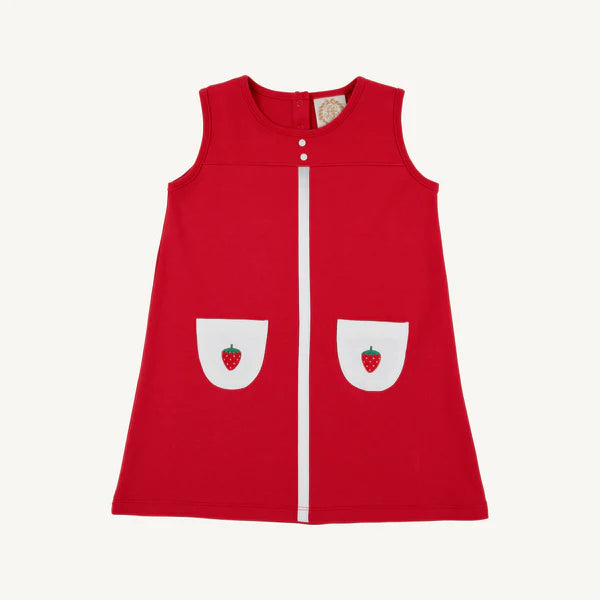 Red sleeveless dress with strawberry pockets on front 