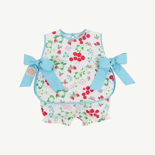 white bloomer set with strawberry vine desing with blue piping and two blue side tie straps 
