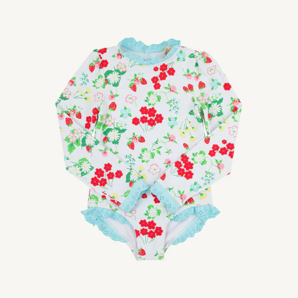 Colorful Strawberry patch design long sleeve bathing suit with light blue eyelet trim 