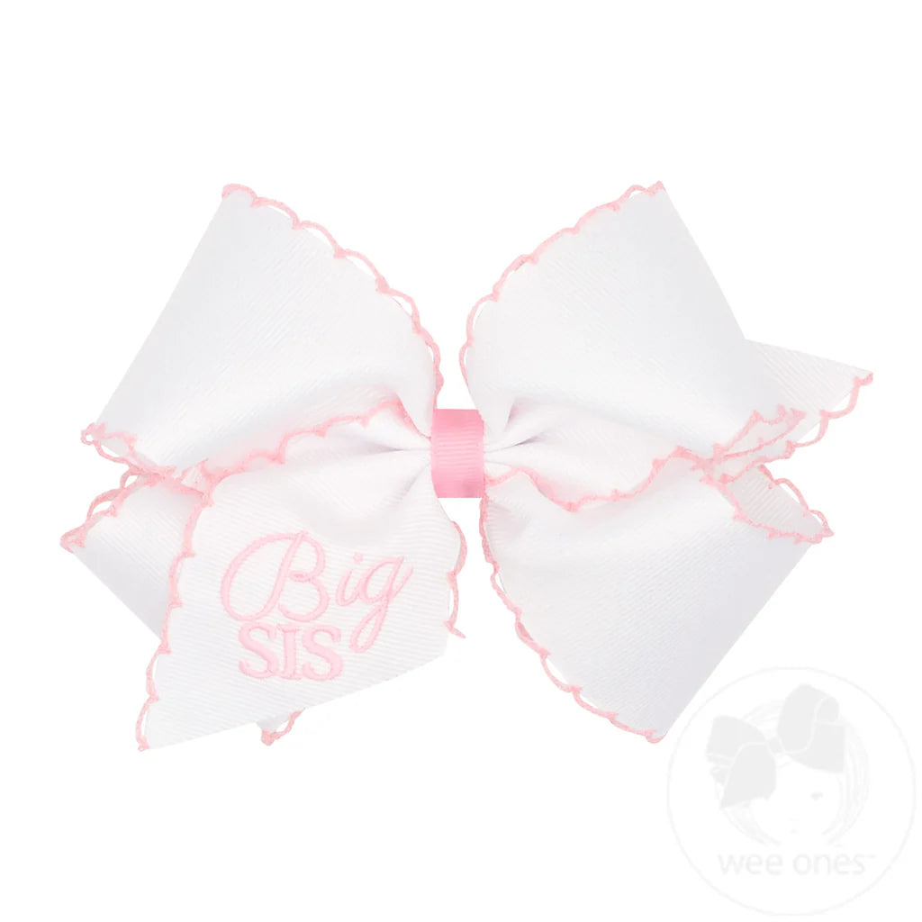 White bow with pink accents and 'Big Sis' text on a white background