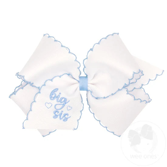 "Big Sis" Embroidered Grosgrain Hair Bow with Light Blue Moonstitch Edge