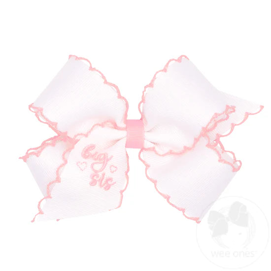 "Big Sis" Embroidered Grosgrain Hair Bow with Light Pink Moonstitch Edge
