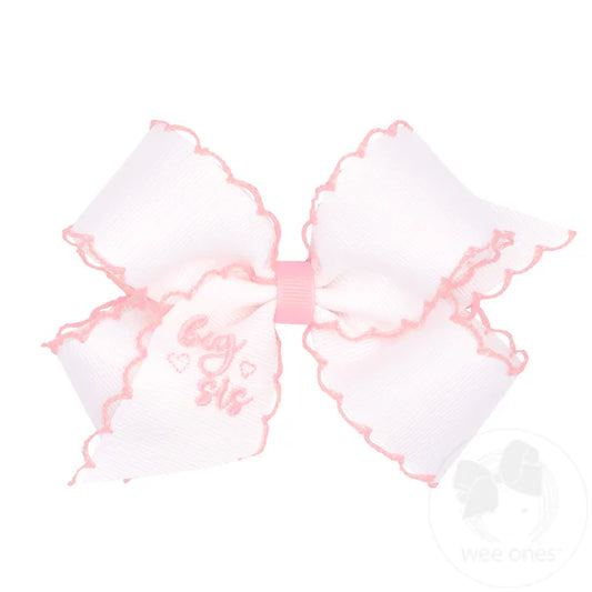 "Big Sis" Embroidered Grosgrain Hair Bow with Light Pink Moonstitch Edge