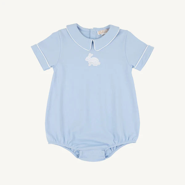 Light blue baby romper with a white bunny design on a white background