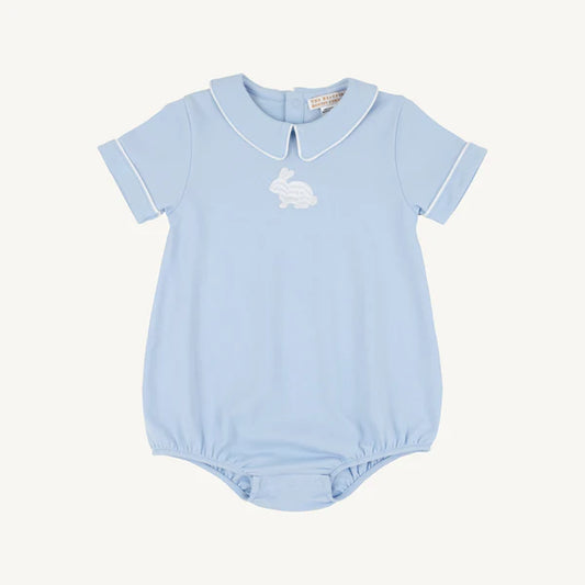 Light blue baby romper with a white bunny design on a white background