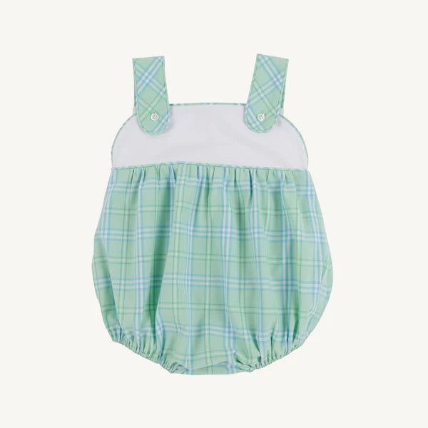 Green plaid baby romper with white top on a white background
