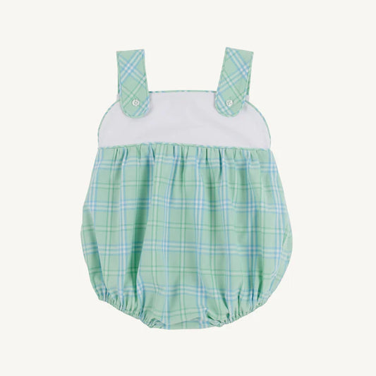 Green plaid baby romper with white top on a white background