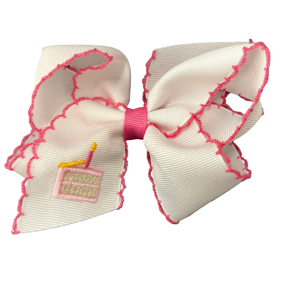 Grosgrain Hair Bow with Birthday Cake Embroidery and Moonstitch Edge