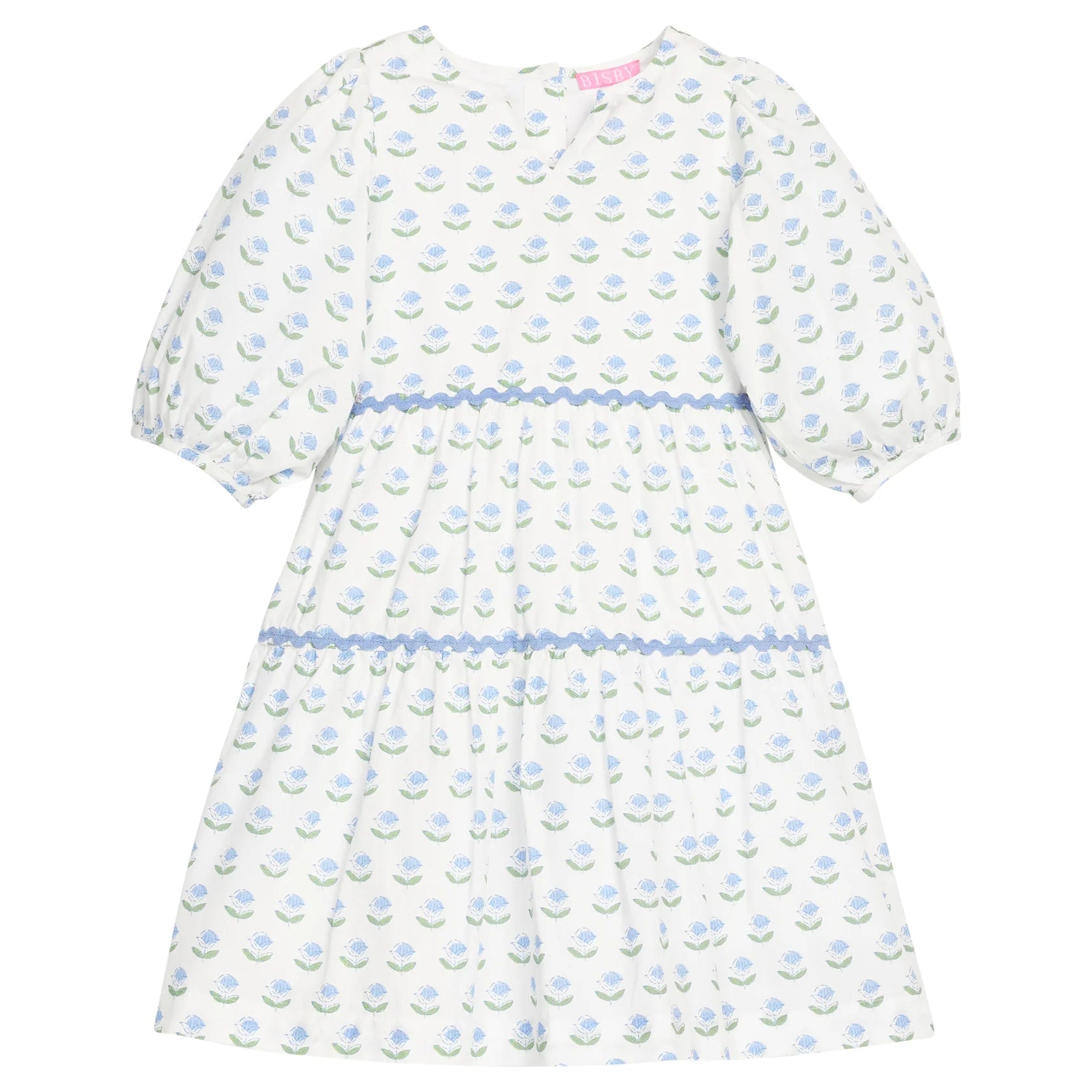 White tiered dress with blue tulip designs with puff sleeves 