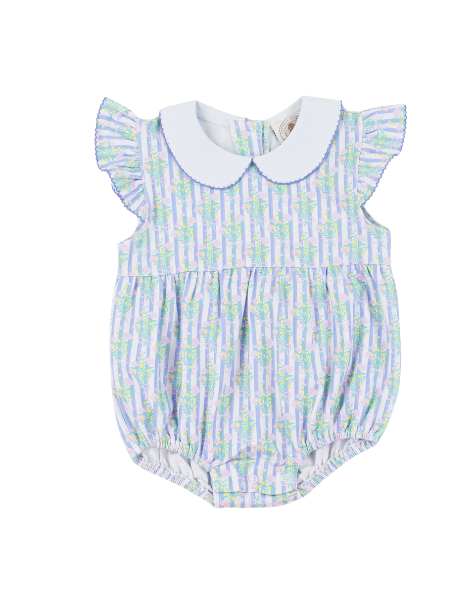 Baby girl bubble with blue and purple with green floral pattern and white collar.  