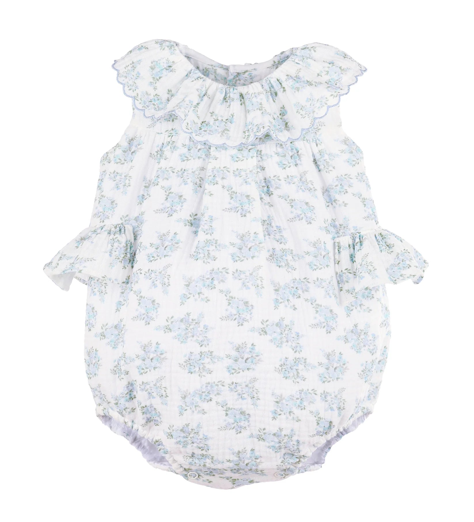 Blue and white floral bubble with scallop collar and bow in back 