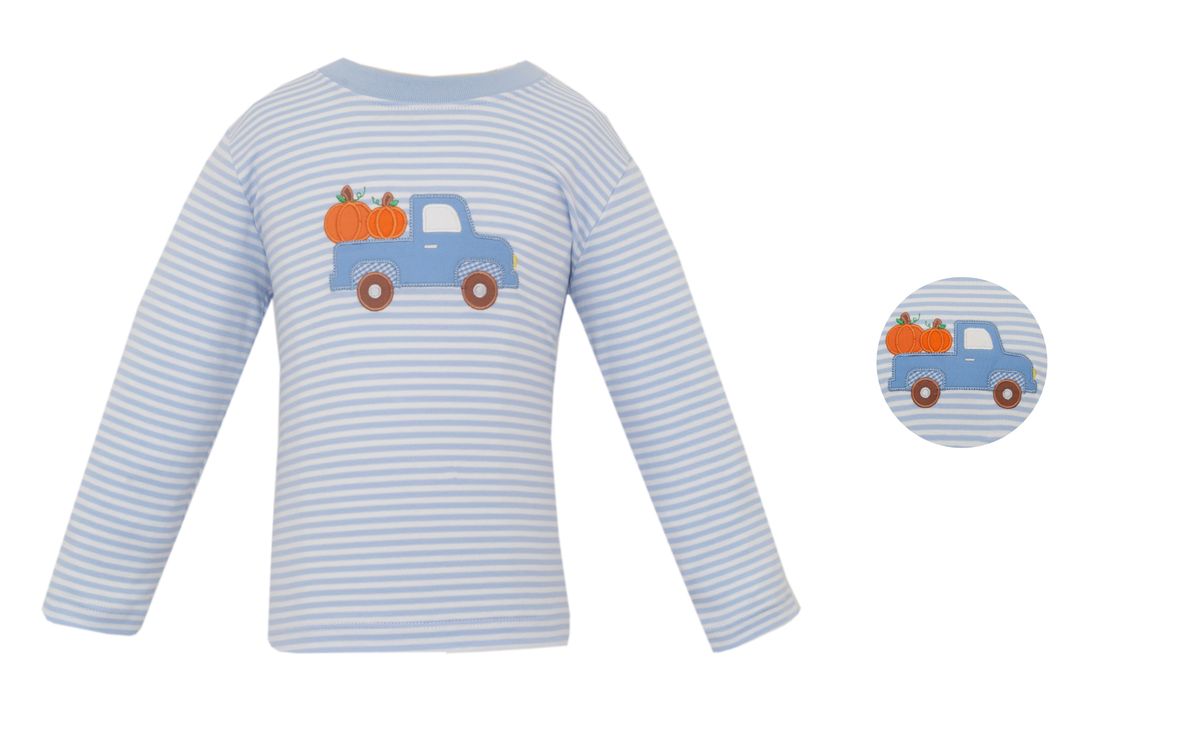 Striped blue long-sleeve shirt with a blue truck and orange pumpkins design on a white background