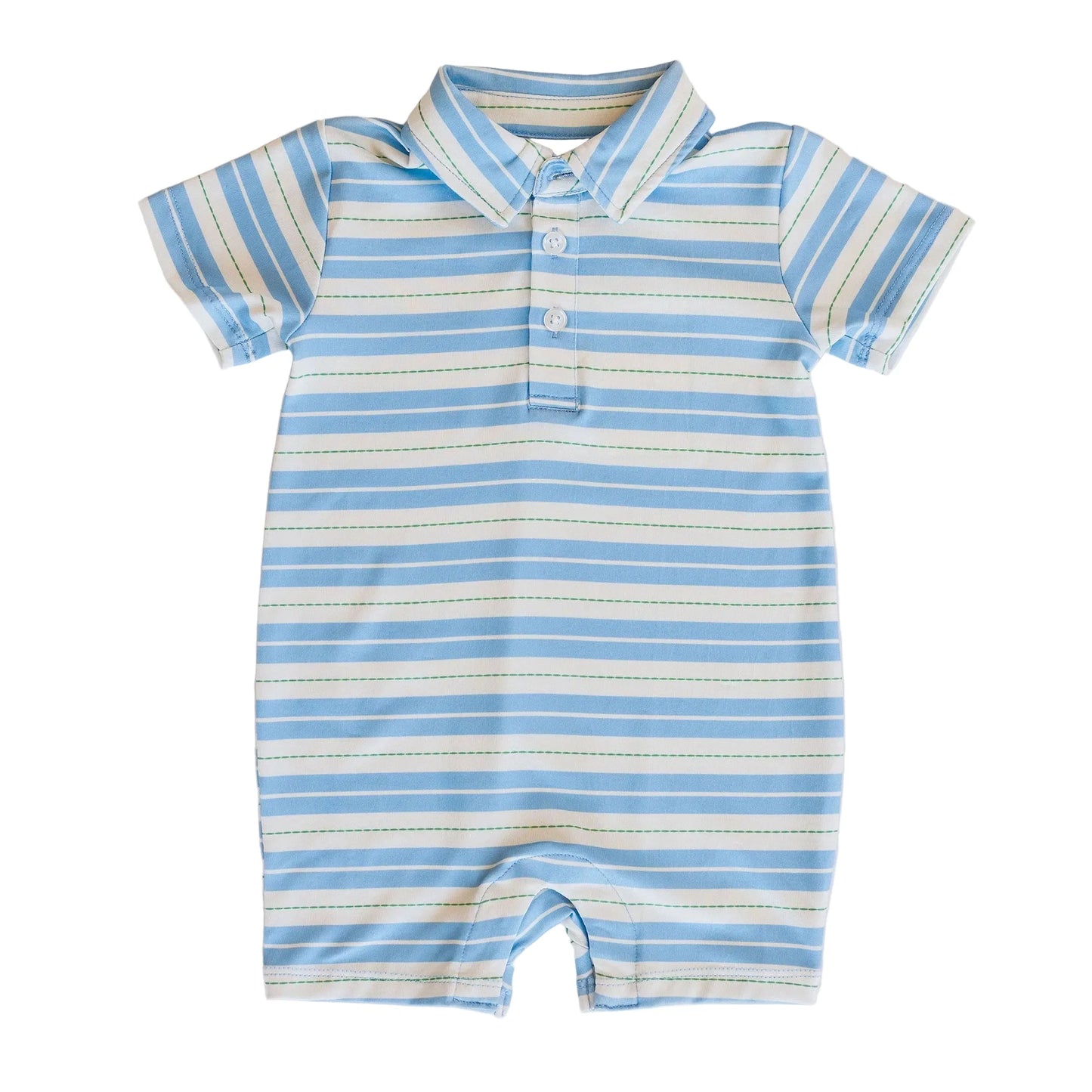 Blue and grey striped bamboo romper 
