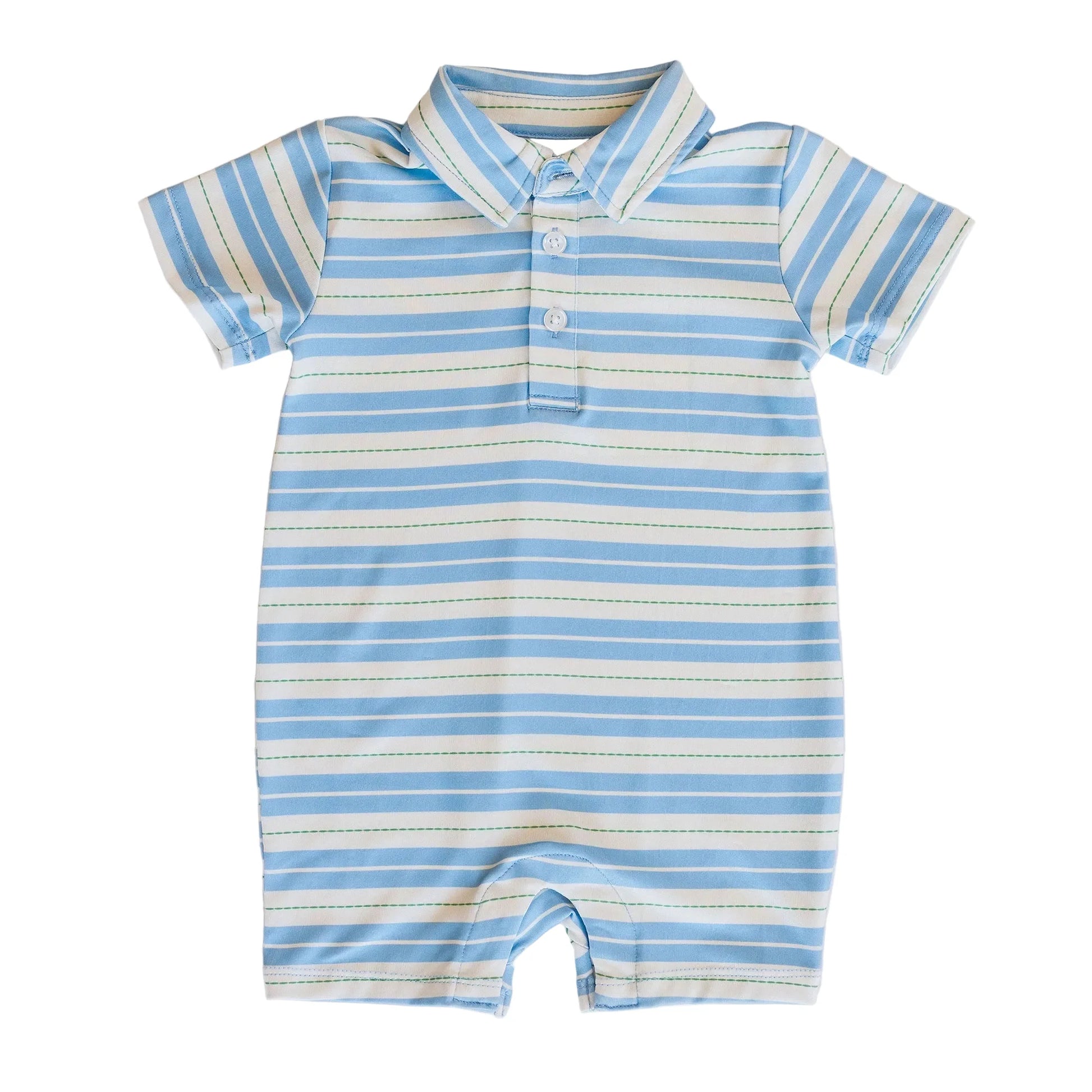 Blue and grey striped bamboo romper 