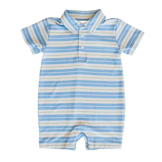 Blue and grey striped bamboo romper 
