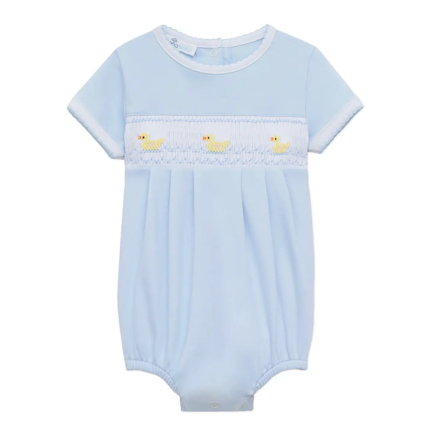 Light blue baby romper with yellow duck smocked design and white piping on collar and arms
