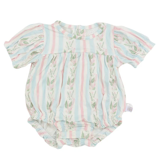 Short sleeve bubble with pink and blue stripes and a floral pattern.