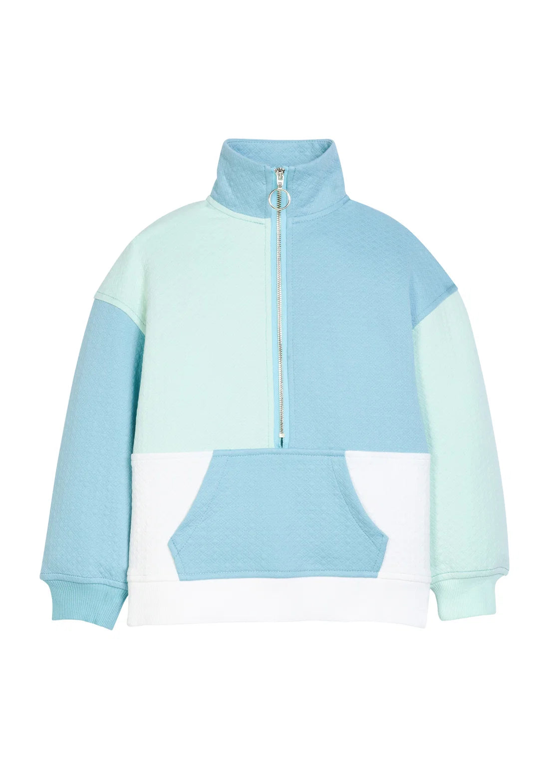 A color-blocked quarter-zip sweatshirt in light blue, mint green, and white, featuring a mock neck, zippered chest, and kangaroo pocket.