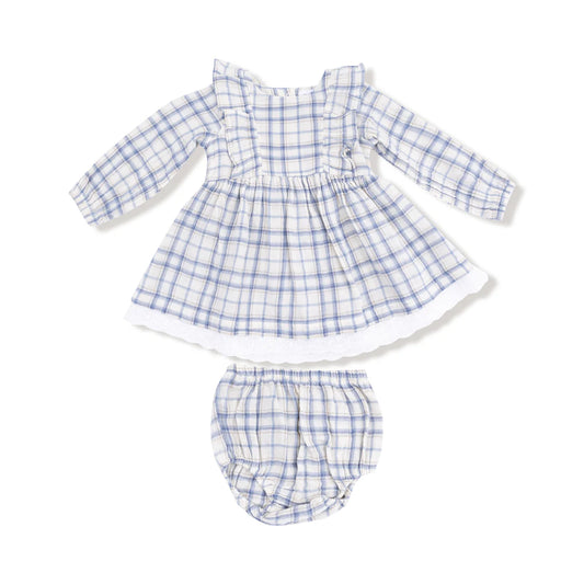 Blue Plaid  Long Sleeve Dress and Bloomer