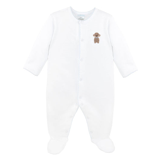 A white long-sleeve baby footed sleeper with a small brown dog graphic on the left chest, shown against a plain white background.