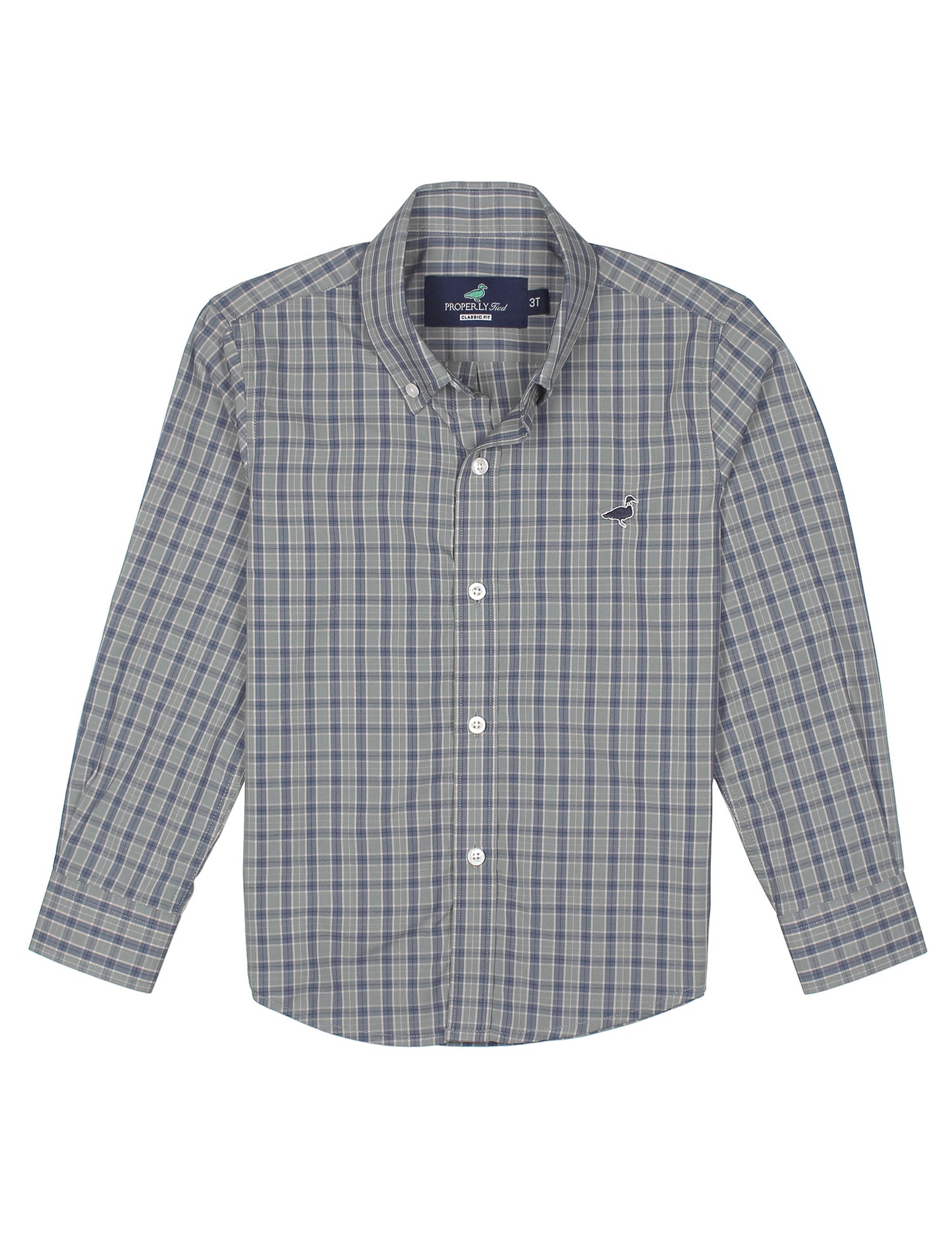 Grey Plaid shirt with brand label on a white background