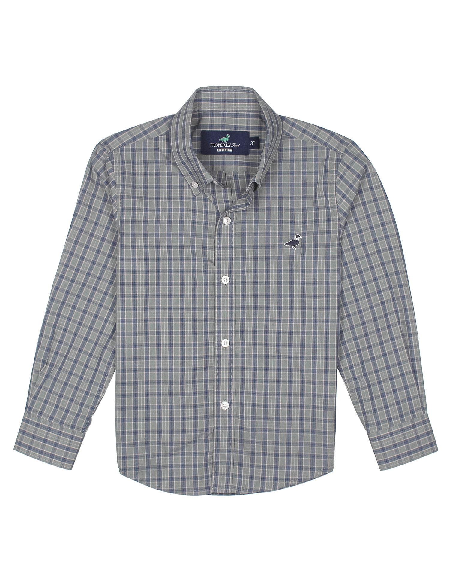Grey Plaid shirt with brand label on a white background