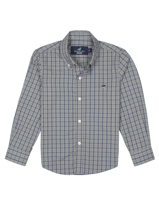Grey Plaid shirt with brand label on a white background