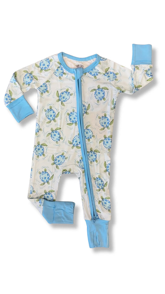 Bamboo one piece zippy with blue turtle design 