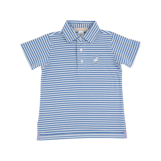 Prim & Proper Polo -Barbados Blue Stripe with Multicolor Stork