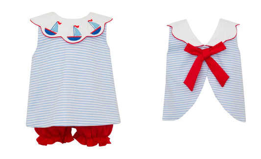 Blue/white striped sailboat bloomer set with scallop collar and bow in the back