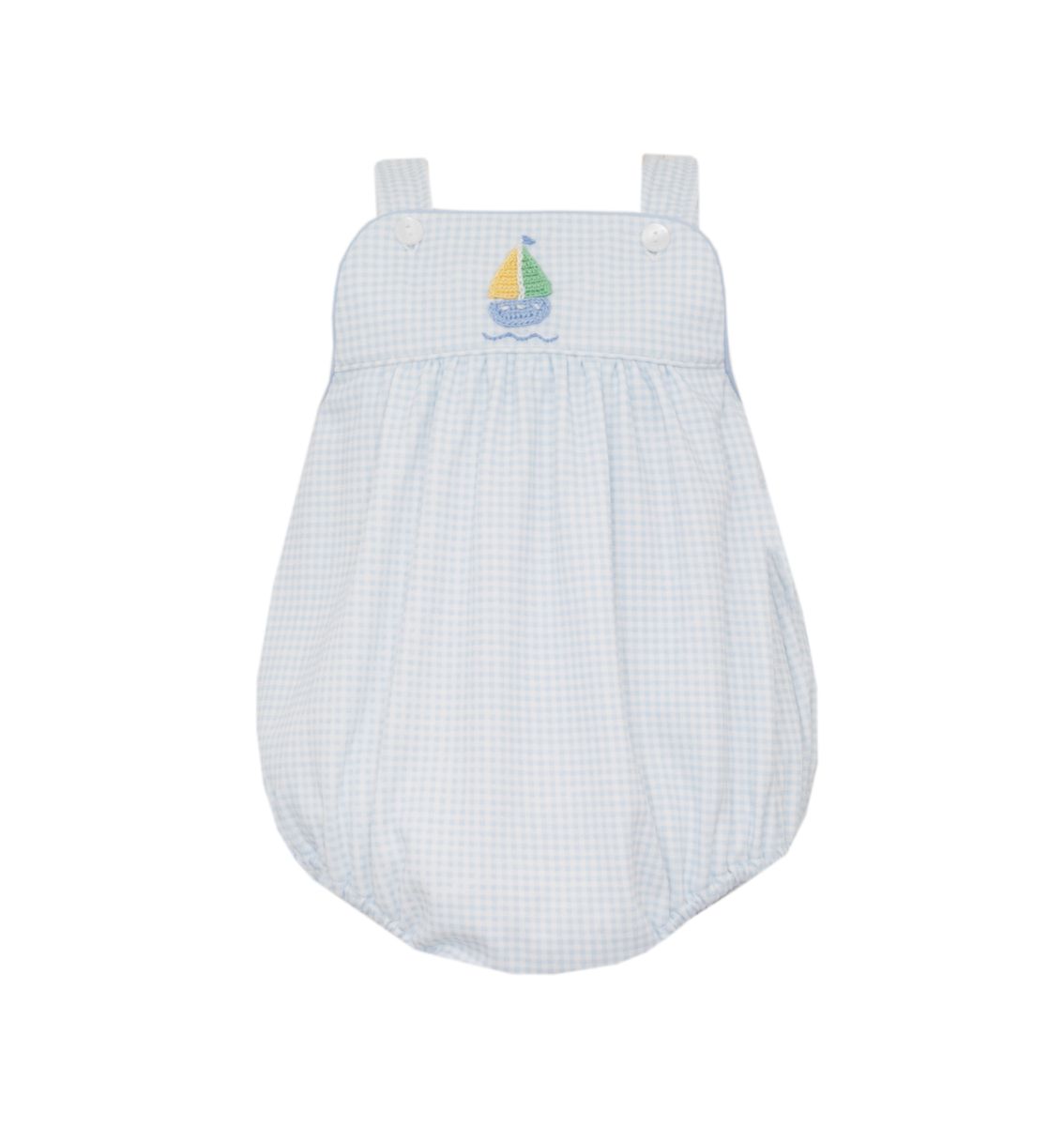 Blue white checkered baby romper with sailboat design on chest