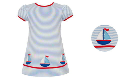 Blue/white striped A line dress with red trim and sailboat design 