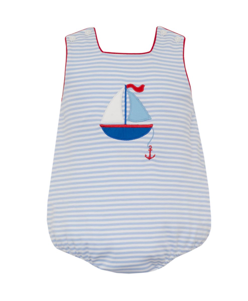 Blue/white Striped baby romper with sailboat design 