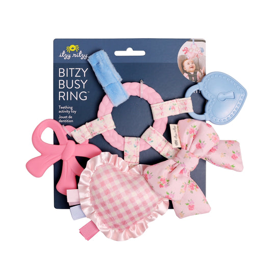 Pink and blue 'Bitzy Busy Ring'  bow toy set with teething toys