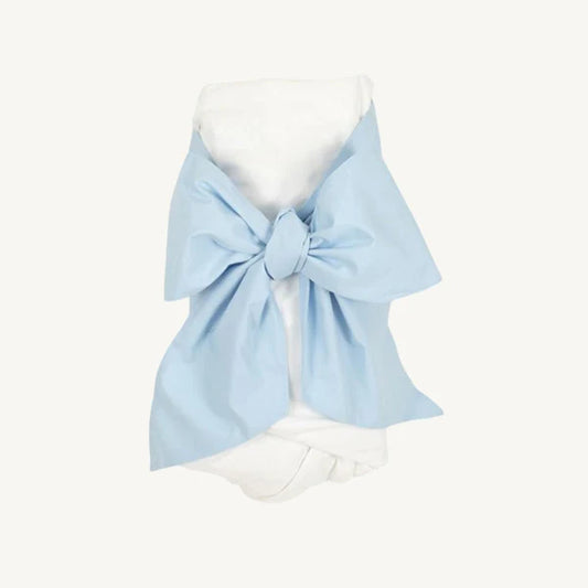 White swaddle blanket with blue bow 
