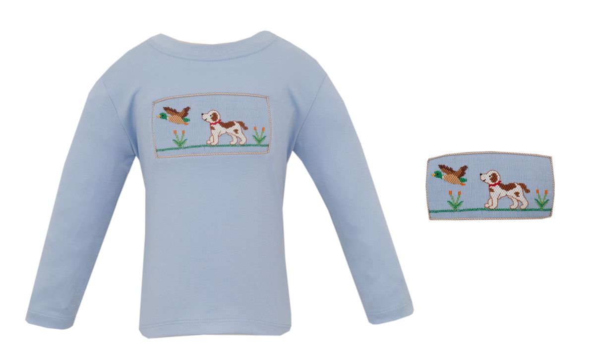 Light blue baby outfit with smocked dog with duck design 
