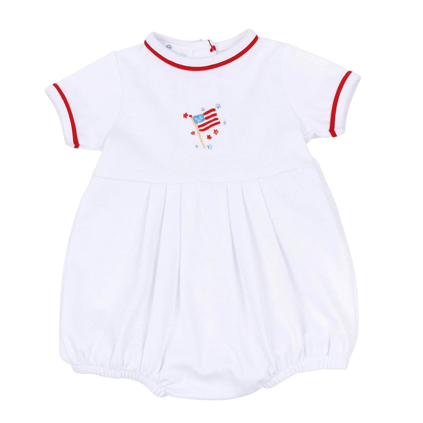 White baby romper with red trim and American flag design on a white background