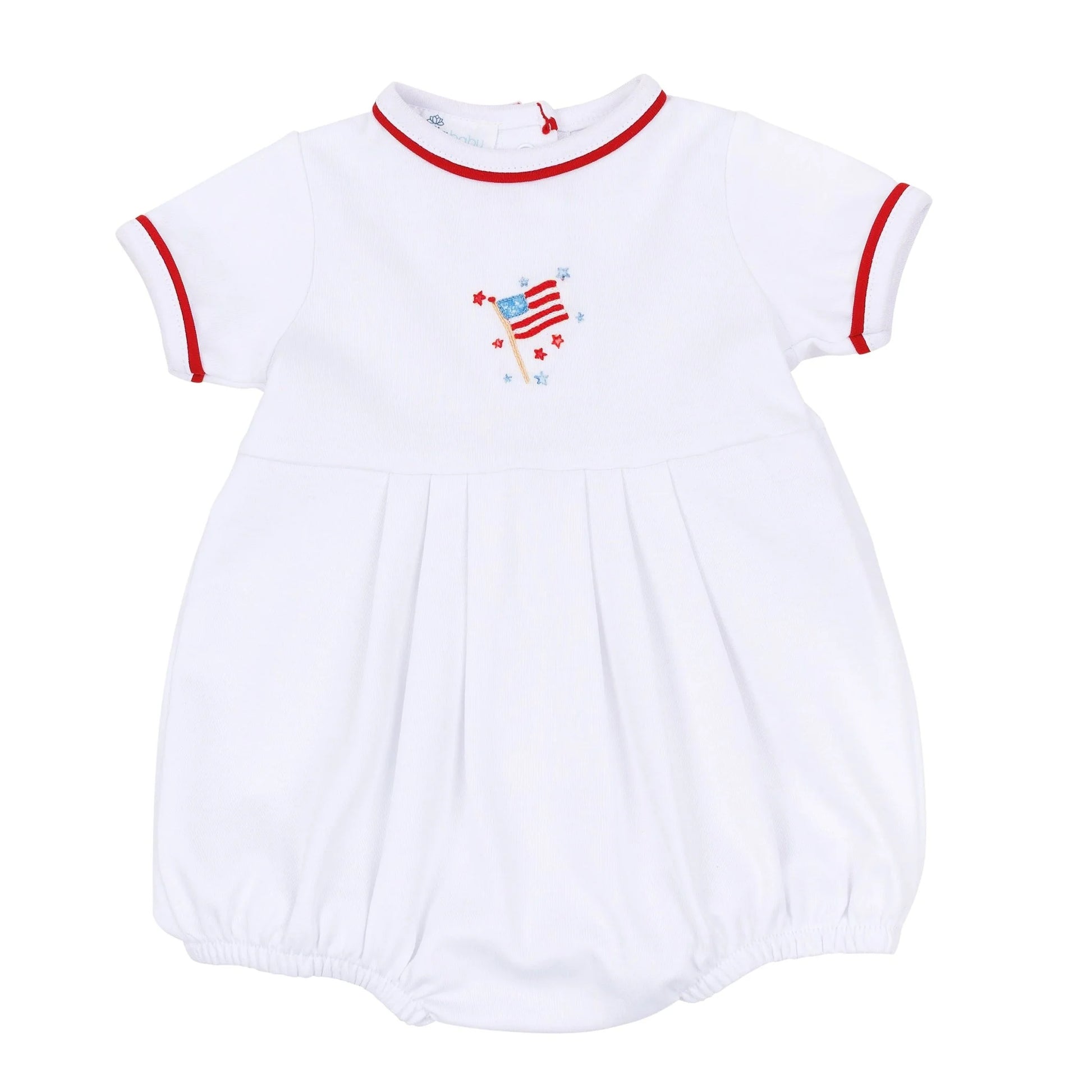 White baby romper with red trim and American flag design on a white background