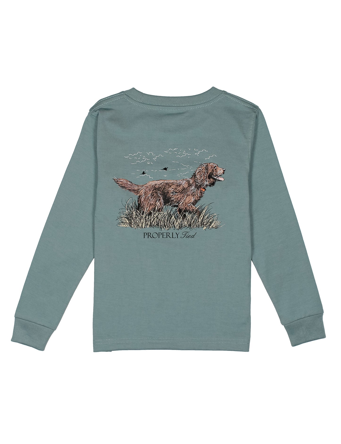 Green long-sleeve shirt with a boykin dog graphic on a white background